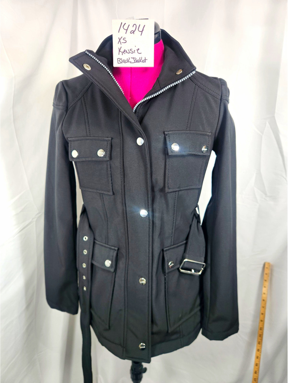 Kensie Women's XS Black Mid-Length Softshell Belted Jacket Full Zip Button Lined